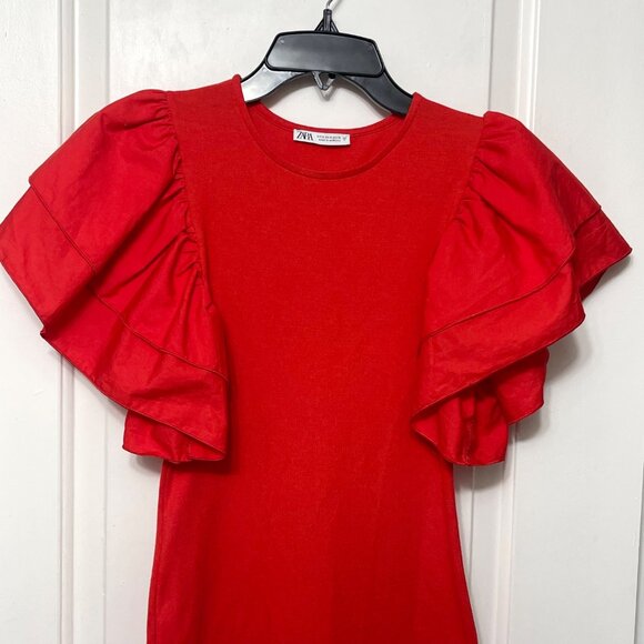 Zara Red Ruffle Sleeve Bodycon Mini Dress Size S - Picture 8 of 13
